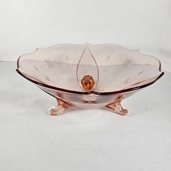 Jubilee Lancaster Pink Depression Large Glass Bowl Vintage Etched Floral Footed - Picture 2 of 13